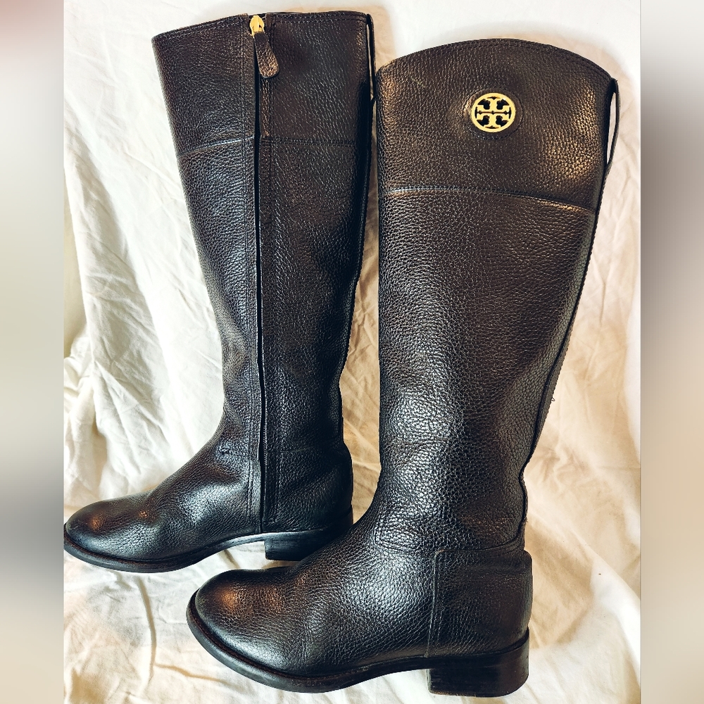 TORY BURCH  junction black pebble leather riding boots. Gold accents